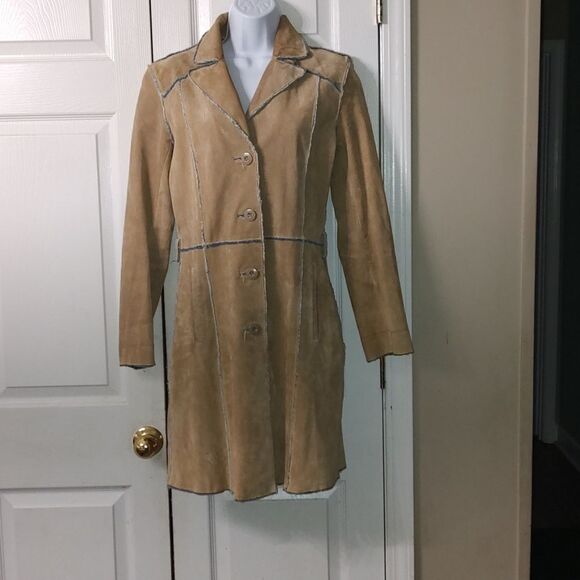 Wilson Leather Maxima boho suede duster with denim fringe trim coat Sz S - Picture 1 of 9